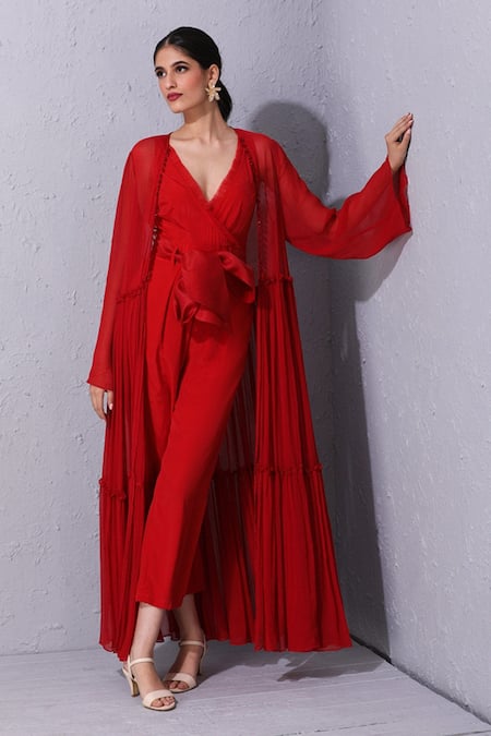 Shop_Varun Bahl_Red Crepe, Chiffon V Neck Tiered Jacket With Jumpsuit _at_Aza_Fashions