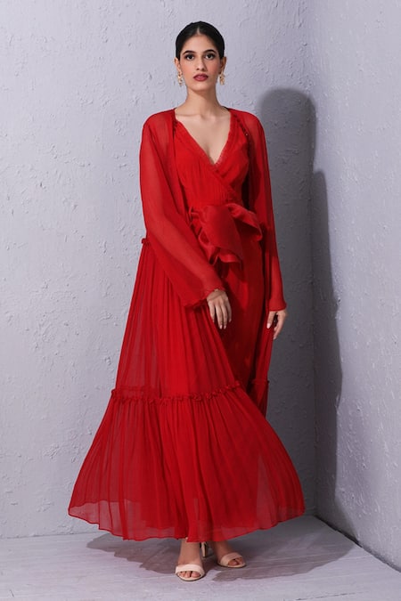 Varun Bahl_Red Crepe, Chiffon V Neck Tiered Jacket With Jumpsuit _Online_at_Aza_Fashions