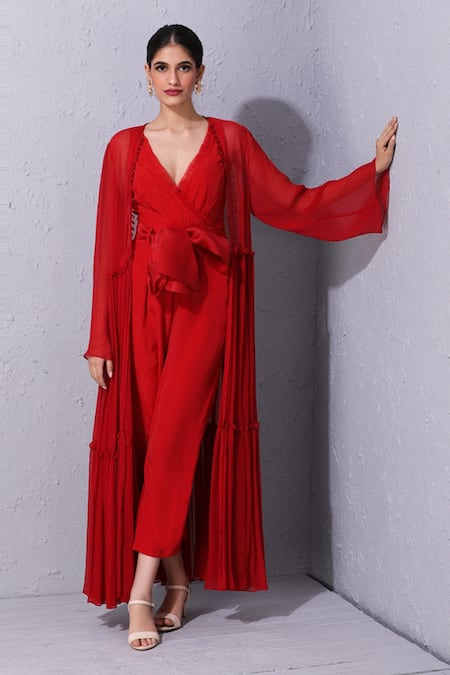 Buy_Varun Bahl_Red Crepe, Chiffon V Neck Tiered Jacket With Jumpsuit _Online_at_Aza_Fashions