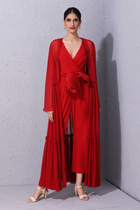 Shop_Varun Bahl_Red Crepe, Chiffon V Neck Tiered Jacket With Jumpsuit _Online_at_Aza_Fashions