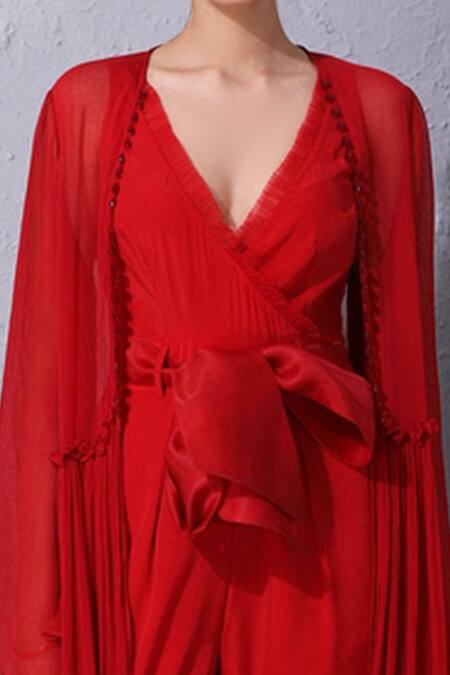 Varun Bahl_Red Crepe, Chiffon V Neck Tiered Jacket With Jumpsuit _at_Aza_Fashions