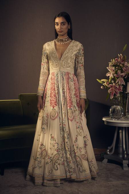 Varun Bahl_White Georgette Embroidered Anarkali Set_Online_at_Aza_Fashions