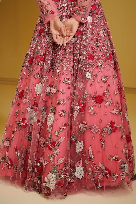 Varun Bahl Pink Net V Neck Floral Embroidered Gown at Aza Fashions Varun Bahl_Pink Net V Neck Floral Embroidered Gown _at_Aza_Fashions