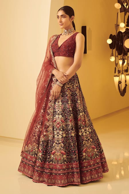 Buy Varun Bahl Blue V Neck Embroidered Bridal Lehenga Set Online at Aza Fashions Buy_Varun Bahl_Blue V Neck Embroidered Bridal Lehenga Set _Online_at_Aza_Fashions