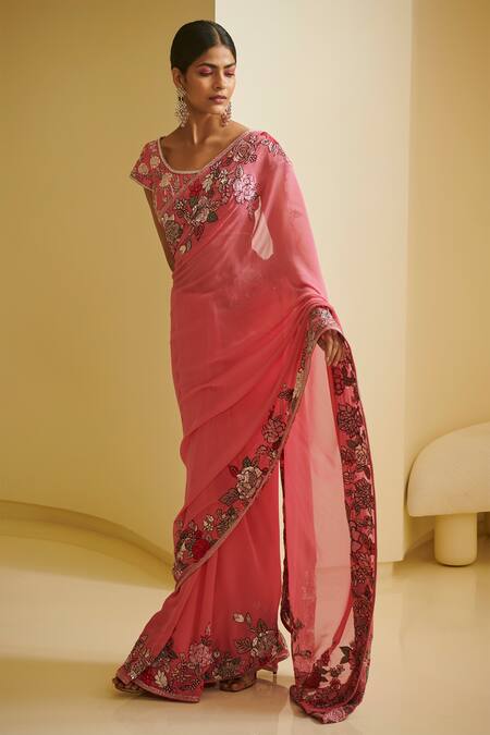 Varun Bahl_Pink Georgette U Neck Embroidered Saree With Blouse _Online_at_Aza_Fashions
