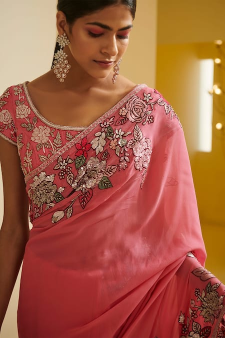Buy_Varun Bahl_Pink Georgette U Neck Embroidered Saree With Blouse _Online_at_Aza_Fashions