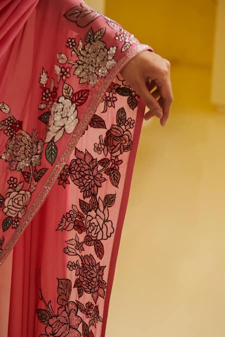 Shop_Varun Bahl_Pink Georgette U Neck Embroidered Saree With Blouse _Online_at_Aza_Fashions