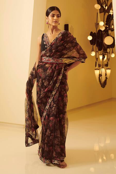 Buy Varun Bahl Black Raw Silk, Organza V Neck Saree With Blouse Online at Aza Fashions Buy_Varun Bahl_Black Raw Silk, Organza V Neck Saree With Blouse _Online_at_Aza_Fashions