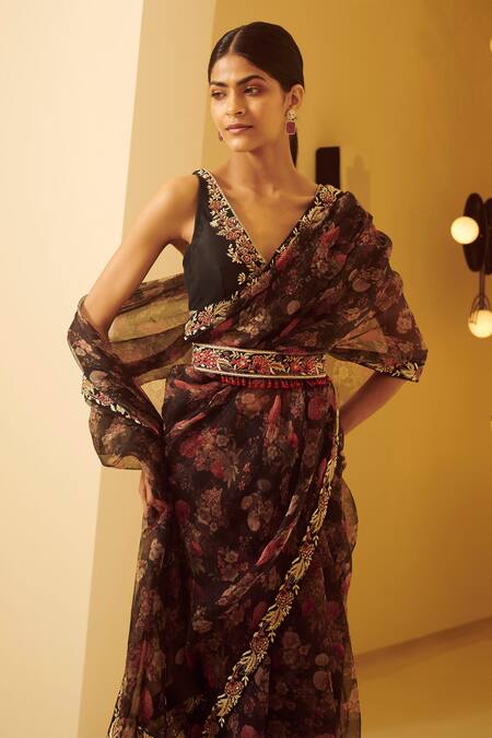 Shop Varun Bahl Black Raw Silk, Organza V Neck Saree With Blouse Online at Aza Fashions Shop_Varun Bahl_Black Raw Silk, Organza V Neck Saree With Blouse _Online_at_Aza_Fashions