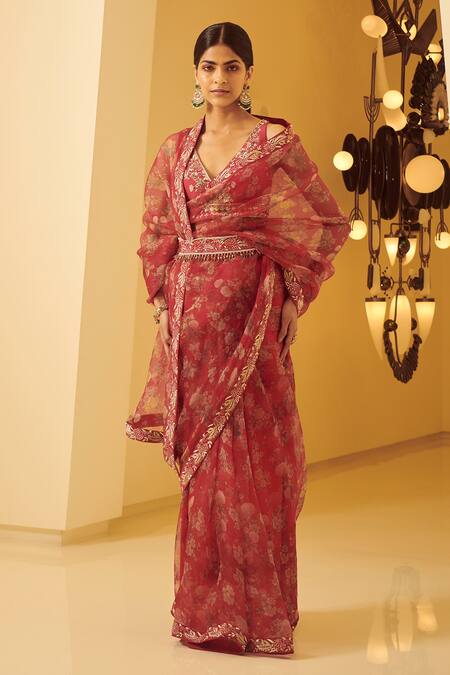 Buy_Varun Bahl_Pink Raw Silk, Organza V Neck Saree With Blouse_Online_at_Aza_Fashions