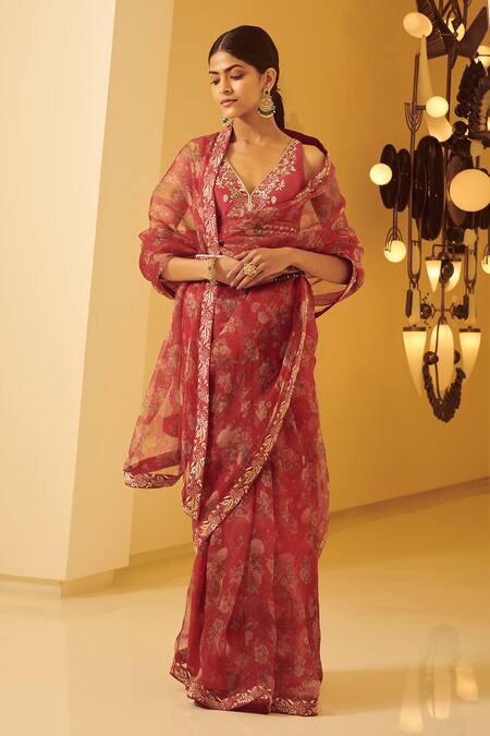 Varun Bahl_Pink Raw Silk, Organza V Neck Saree With Blouse_Online_at_Aza_Fashions