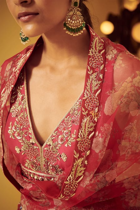 Varun Bahl_Pink Raw Silk, Organza V Neck Saree With Blouse_at_Aza_Fashions