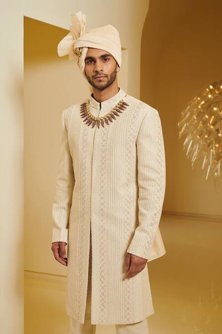 Varun Bahl White Silk Embroidered Sherwani And Pant Set Online at Aza Fashions Varun Bahl_White Silk Embroidered Sherwani And Pant Set _Online_at_Aza_Fashions