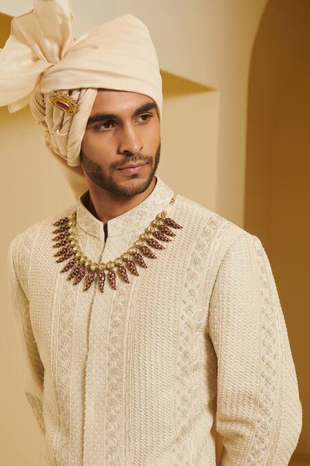 Varun Bahl White Silk Embroidered Sherwani And Pant Set at Aza Fashions Varun Bahl_White Silk Embroidered Sherwani And Pant Set _at_Aza_Fashions