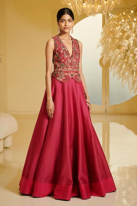 Shop Varun Bahl Pink Modal Dupion V Neck Embroidered Gillet And Lehenga Set at Aza Fashions Shop_Varun Bahl_Pink Modal Dupion V Neck Embroidered Gillet And Lehenga Set _at_Aza_Fashions