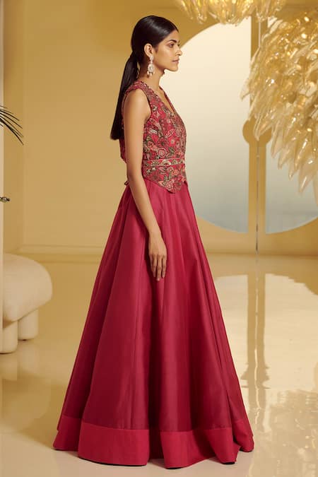 Varun Bahl Pink Modal Dupion V Neck Embroidered Gillet And Lehenga Set Online at Aza Fashions Varun Bahl_Pink Modal Dupion V Neck Embroidered Gillet And Lehenga Set _Online_at_Aza_Fashions