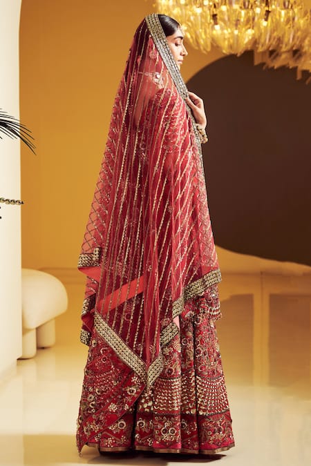 Shop_Varun Bahl_Maroon Modal Dupion V Neck Embroidered Bridal Lehenga Set _at_Aza_Fashions