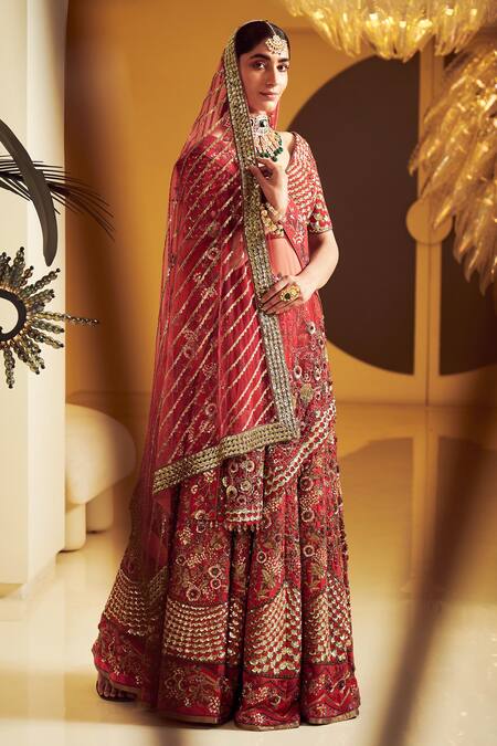 Varun Bahl_Maroon Modal Dupion V Neck Embroidered Bridal Lehenga Set _Online_at_Aza_Fashions