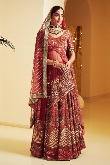 Buy_Varun Bahl_Maroon Modal Dupion V Neck Embroidered Bridal Lehenga Set _Online_at_Aza_Fashions