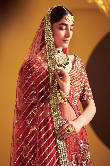 Shop_Varun Bahl_Maroon Modal Dupion V Neck Embroidered Bridal Lehenga Set _Online_at_Aza_Fashions