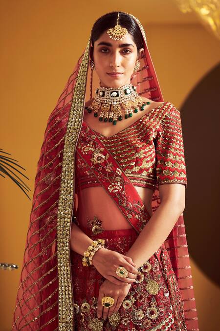 Varun Bahl_Maroon Modal Dupion V Neck Embroidered Bridal Lehenga Set _at_Aza_Fashions