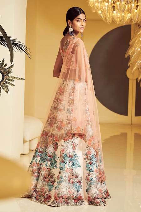 Shop Varun Bahl Peach Silk, Modal Dupion V Neck Floral Print Bridal Lehenga Set at Aza Fashions Shop_Varun Bahl_Peach Silk, Modal Dupion V Neck Floral Print Bridal Lehenga Set _at_Aza_Fashions