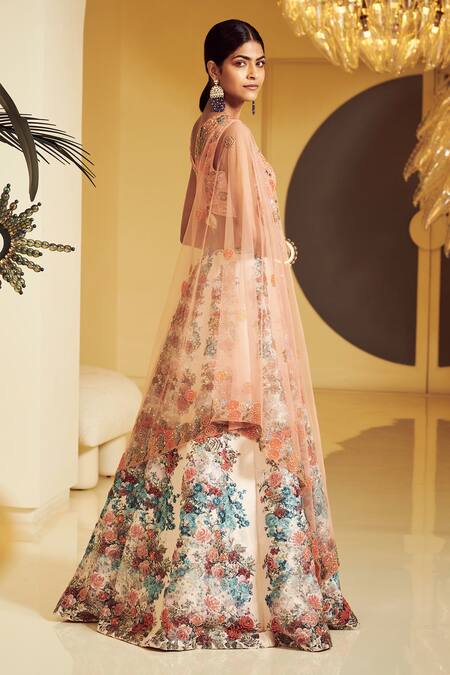 Varun Bahl Peach Silk, Modal Dupion V Neck Floral Print Bridal Lehenga Set Online at Aza Fashions Varun Bahl_Peach Silk, Modal Dupion V Neck Floral Print Bridal Lehenga Set _Online_at_Aza_Fashions
