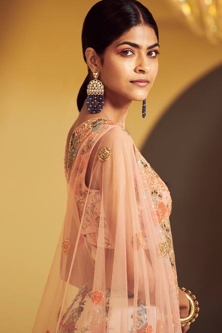 Varun Bahl Peach Silk, Modal Dupion V Neck Floral Print Bridal Lehenga Set at Aza Fashions Varun Bahl_Peach Silk, Modal Dupion V Neck Floral Print Bridal Lehenga Set _at_Aza_Fashions
