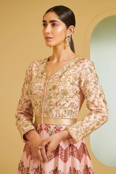 Shop Varun Bahl Pink Modal Dupion V Neck Layered Anarkali Gown Online at Aza Fashions Shop_Varun Bahl_Pink Modal Dupion V Neck Layered Anarkali Gown _Online_at_Aza_Fashions