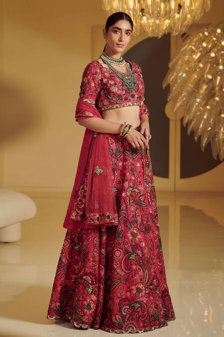 Varun Bahl Red Modal Dupion U Neck Embroidered Bridal Lehenga Set Online at Aza Fashions Varun Bahl_Red Modal Dupion U Neck Embroidered Bridal Lehenga Set _Online_at_Aza_Fashions