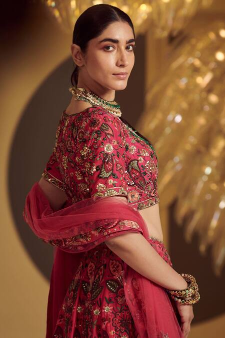 Shop Varun Bahl Red Modal Dupion U Neck Embroidered Bridal Lehenga Set Online at Aza Fashions Shop_Varun Bahl_Red Modal Dupion U Neck Embroidered Bridal Lehenga Set _Online_at_Aza_Fashions