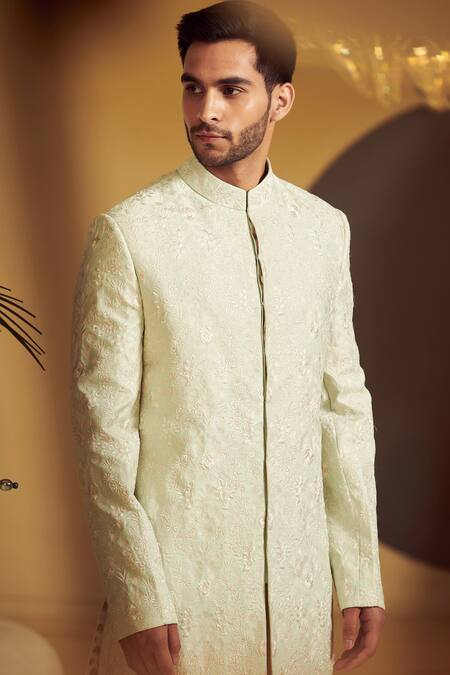 Shop Varun Bahl Green Silk, Modal Dupion Embroidered Sherwani And Kurta Set Online at Aza Fashions Shop_Varun Bahl_Green Silk, Modal Dupion Embroidered Sherwani And Kurta Set _Online_at_Aza_Fashions