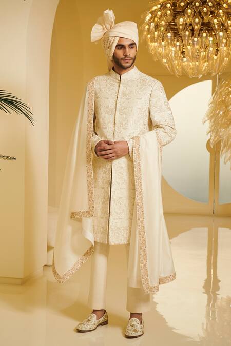 Varun Bahl White Silk, Modal Dupion Embroidered Sherwani Online at Aza Fashions Varun Bahl_White Silk, Modal Dupion Embroidered Sherwani _Online_at_Aza_Fashions