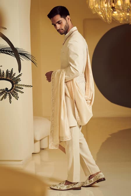Shop Varun Bahl White Silk, Modal Dupion Embroidered Sherwani Set at Aza Fashions Shop_Varun Bahl_White Silk, Modal Dupion Embroidered Sherwani Set _at_Aza_Fashions