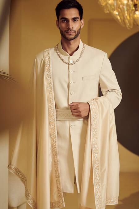 Varun Bahl White Silk, Modal Dupion Embroidered Sherwani Set Online at Aza Fashions Varun Bahl_White Silk, Modal Dupion Embroidered Sherwani Set _Online_at_Aza_Fashions