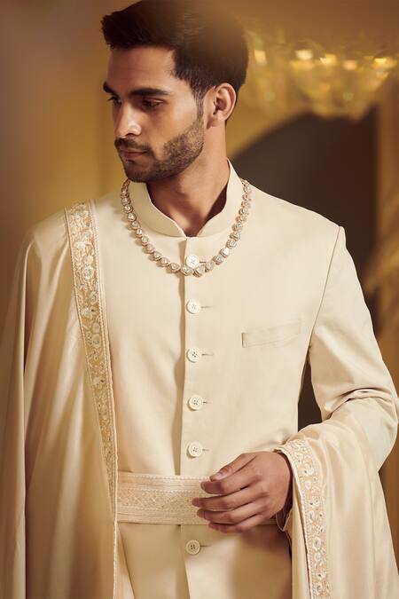 Shop Varun Bahl White Silk, Modal Dupion Embroidered Sherwani Set Online at Aza Fashions Shop_Varun Bahl_White Silk, Modal Dupion Embroidered Sherwani Set _Online_at_Aza_Fashions
