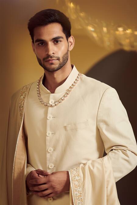 Varun Bahl White Silk, Modal Dupion Embroidered Sherwani Set at Aza Fashions Varun Bahl_White Silk, Modal Dupion Embroidered Sherwani Set _at_Aza_Fashions