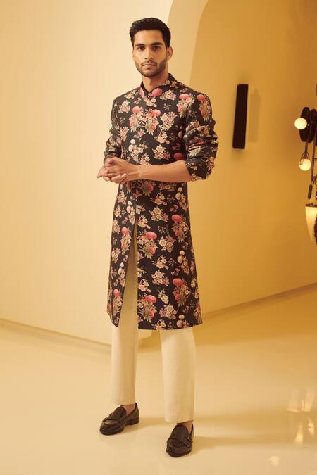 Shop_Varun Bahl_Blue Silk, Modal Dupion Floral Print Sherwani  _Online_at_Aza_Fashions