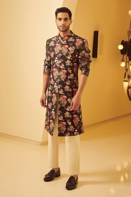 Varun Bahl_Blue Silk, Modal Dupion Floral Print Sherwani  _Online_at_Aza_Fashions