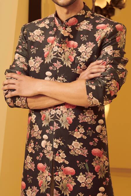 Varun Bahl_Blue Silk, Modal Dupion Floral Print Sherwani  _at_Aza_Fashions