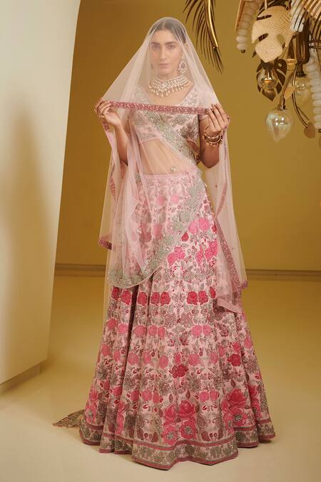 Buy Varun Bahl Pink Net, Modal Dupion V Neck Embroidered Bridal Lehenga Set Online at Aza Fashions Buy_Varun Bahl_Pink Net, Modal Dupion V Neck Embroidered Bridal Lehenga Set _Online_at_Aza_Fashions