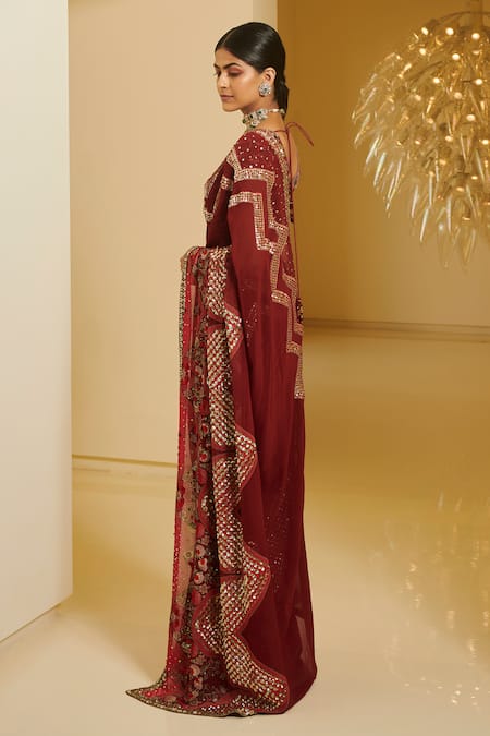 Shop Varun Bahl Maroon Raw Silk, Georgette V Neck Embroidered Saree With Blouse at Aza Fashions Shop_Varun Bahl_Maroon Raw Silk, Georgette V Neck Embroidered Saree With Blouse _at_Aza_Fashions