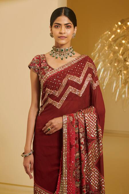 Varun Bahl Maroon Raw Silk, Georgette V Neck Embroidered Saree With Blouse Online at Aza Fashions Varun Bahl_Maroon Raw Silk, Georgette V Neck Embroidered Saree With Blouse _Online_at_Aza_Fashions