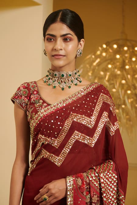Buy Varun Bahl Maroon Raw Silk, Georgette V Neck Embroidered Saree With Blouse Online at Aza Fashions Buy_Varun Bahl_Maroon Raw Silk, Georgette V Neck Embroidered Saree With Blouse _Online_at_Aza_Fashions