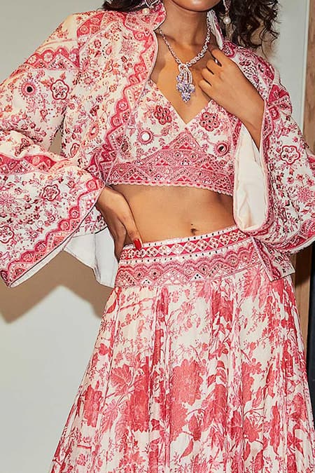 Varun Bahl_Pink Skirt Organza Jacket And Top Modal Dupion Top V Neck & Set _at_Aza_Fashions