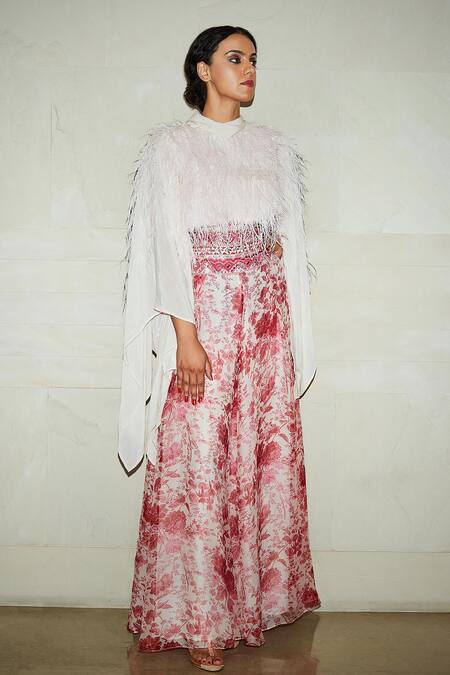 Buy_Varun Bahl_Pink Top Viscose Crepe Pants Organza And Modal Dupion Draped & Printed Set _Online_at_Aza_Fashions