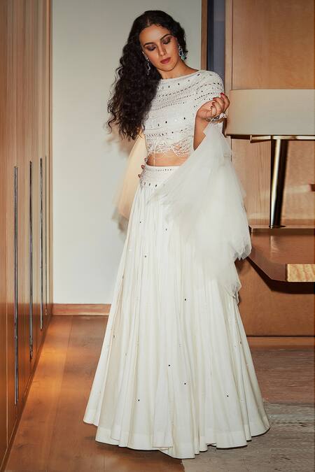 Varun Bahl_White Skirt Chanderi Crop Top Modal Dupion And Mono Net Round Draped & Set_Online_at_Aza_Fashions