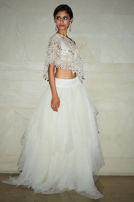 Varun Bahl_White Cape Organza Skirt Tulle Crop Top Cupro Satin V Neck And Set _Online_at_Aza_Fashions