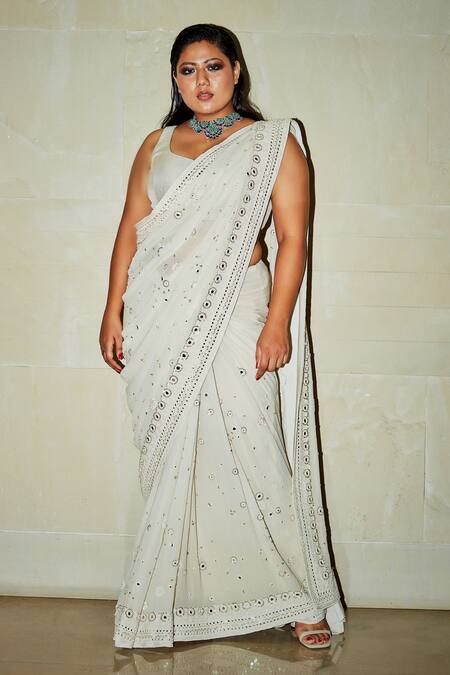 Buy_Varun Bahl_White Embroidered Saree With Blouse_Online_at_Aza_Fashions