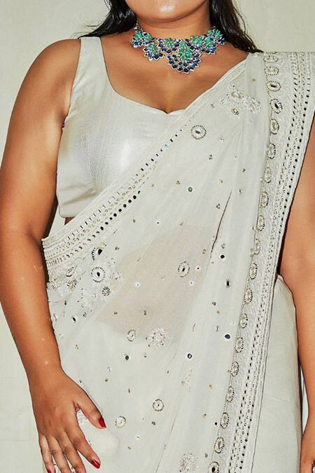 Varun Bahl_White Embroidered Saree With Blouse_at_Aza_Fashions